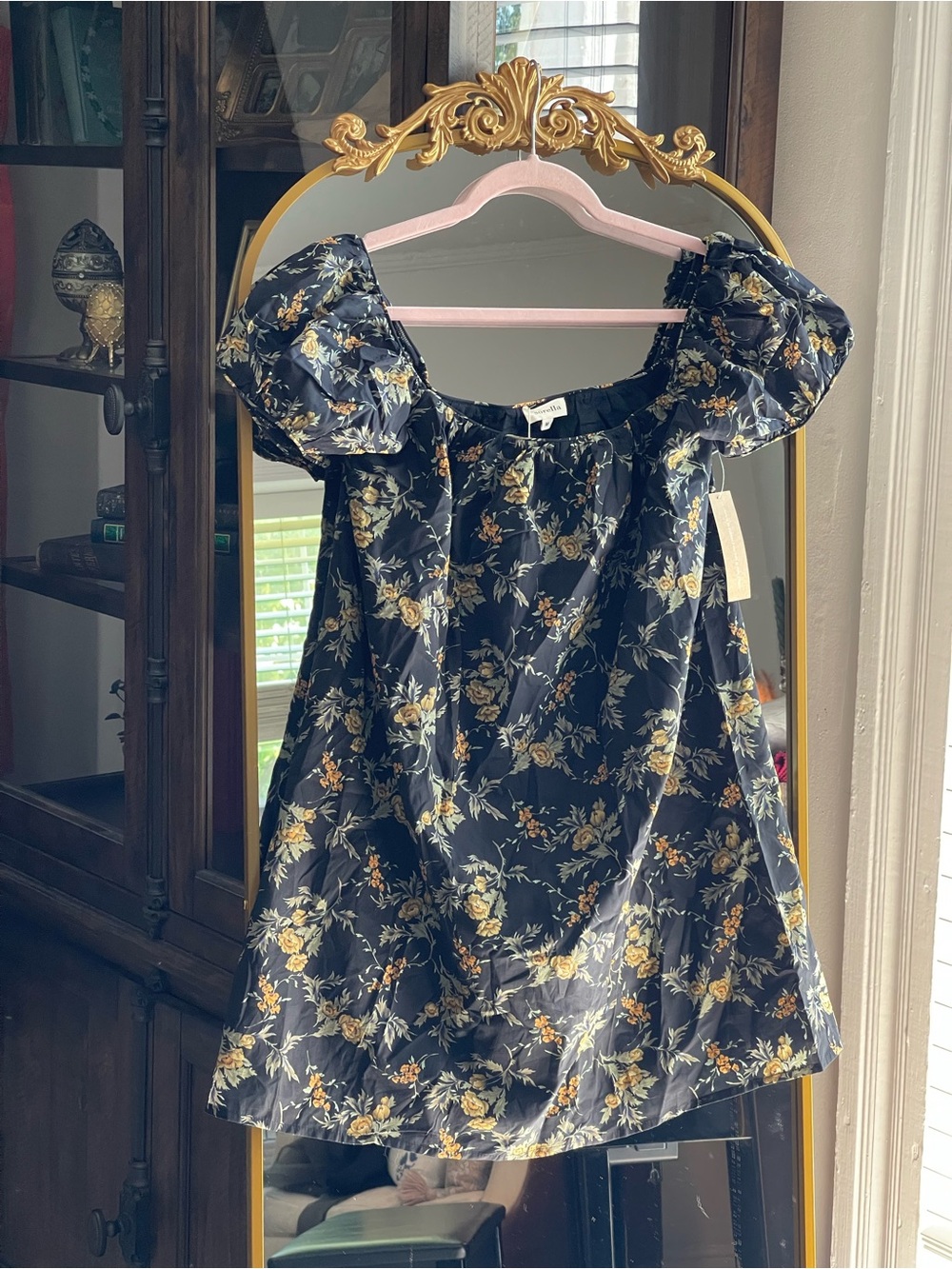 Few Moda Sorella NWT 100% Cotton Black Floral Puff-Sleeve Mini Sundress